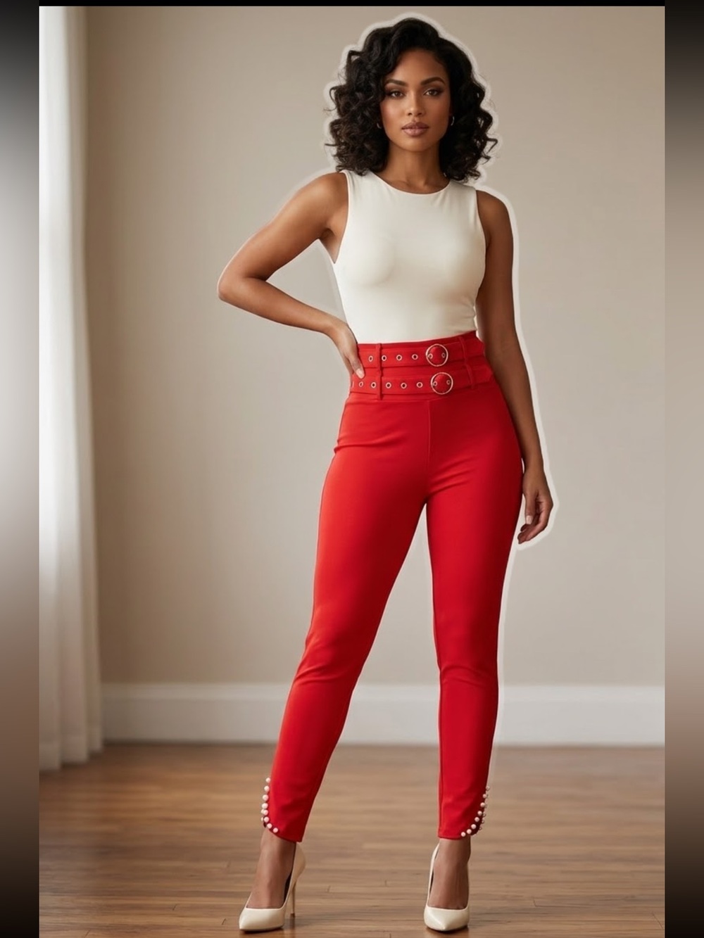 Bold Red High-Waisted Trousers with Double Buckle & Pearl Cuff Details - Size M